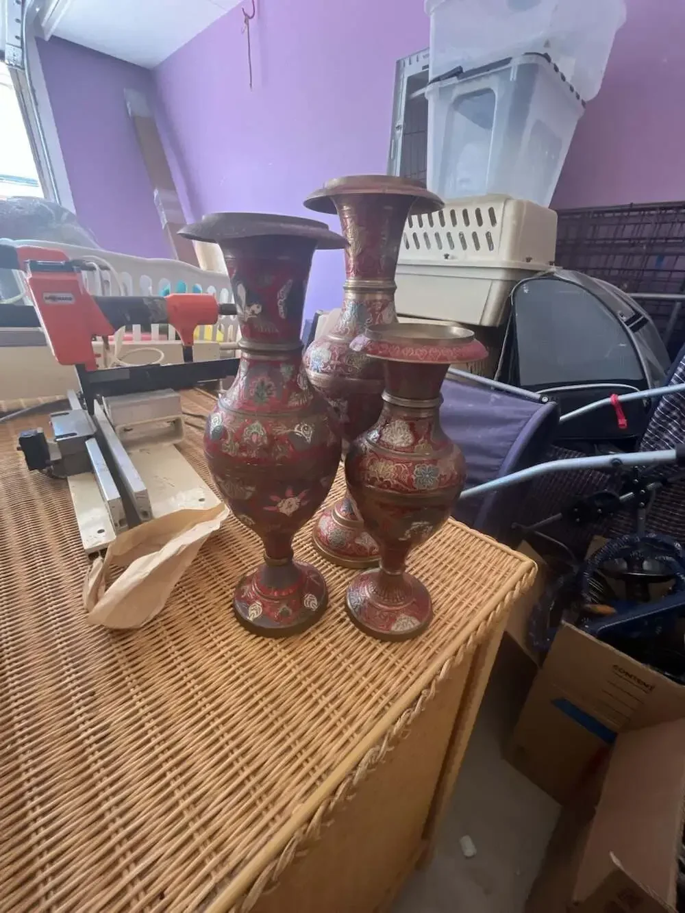 Set of 3 Vintage Indian  Hand-Painted Enamel and Brass Floral Vases